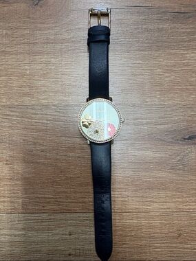Michael Kors Black Leather Strap Floral Dial Watch with Gold Case